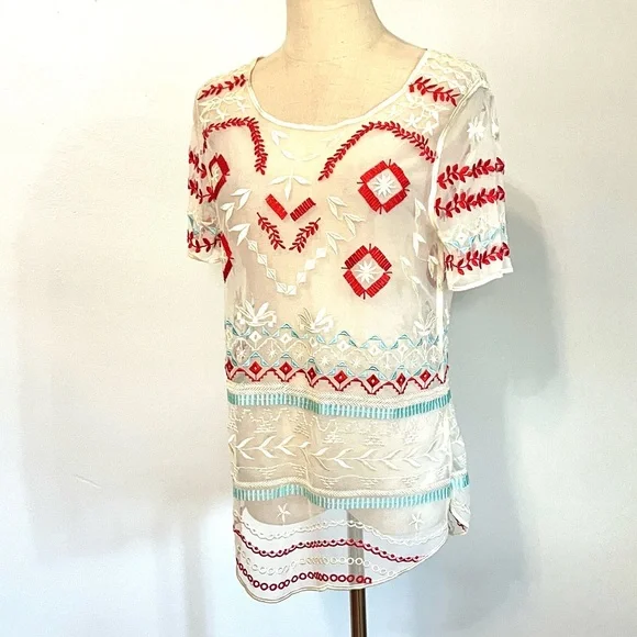 Sundance, Sheer Embroidered Boho Tunic Blouse Southwestern Folk Art Top Size Sm - Picture 2 of 11